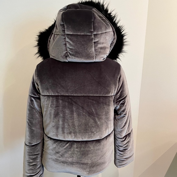 Express Dark Grey Velour Padded Puffer Jacket with Fur Hood Size Medium NWT! - Picture 3 of 6